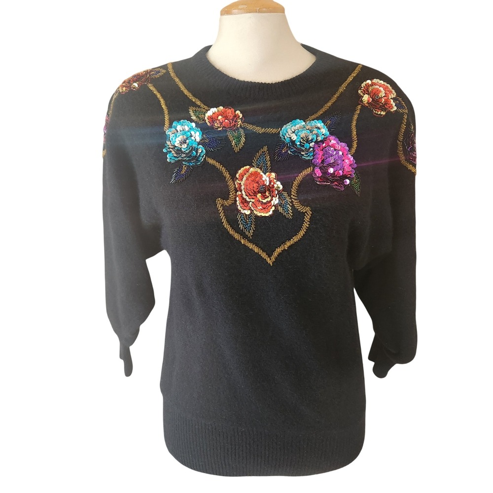 1980s lambswool/angora Black Floral Sequin Beaded‎ Knit Sweater old money M